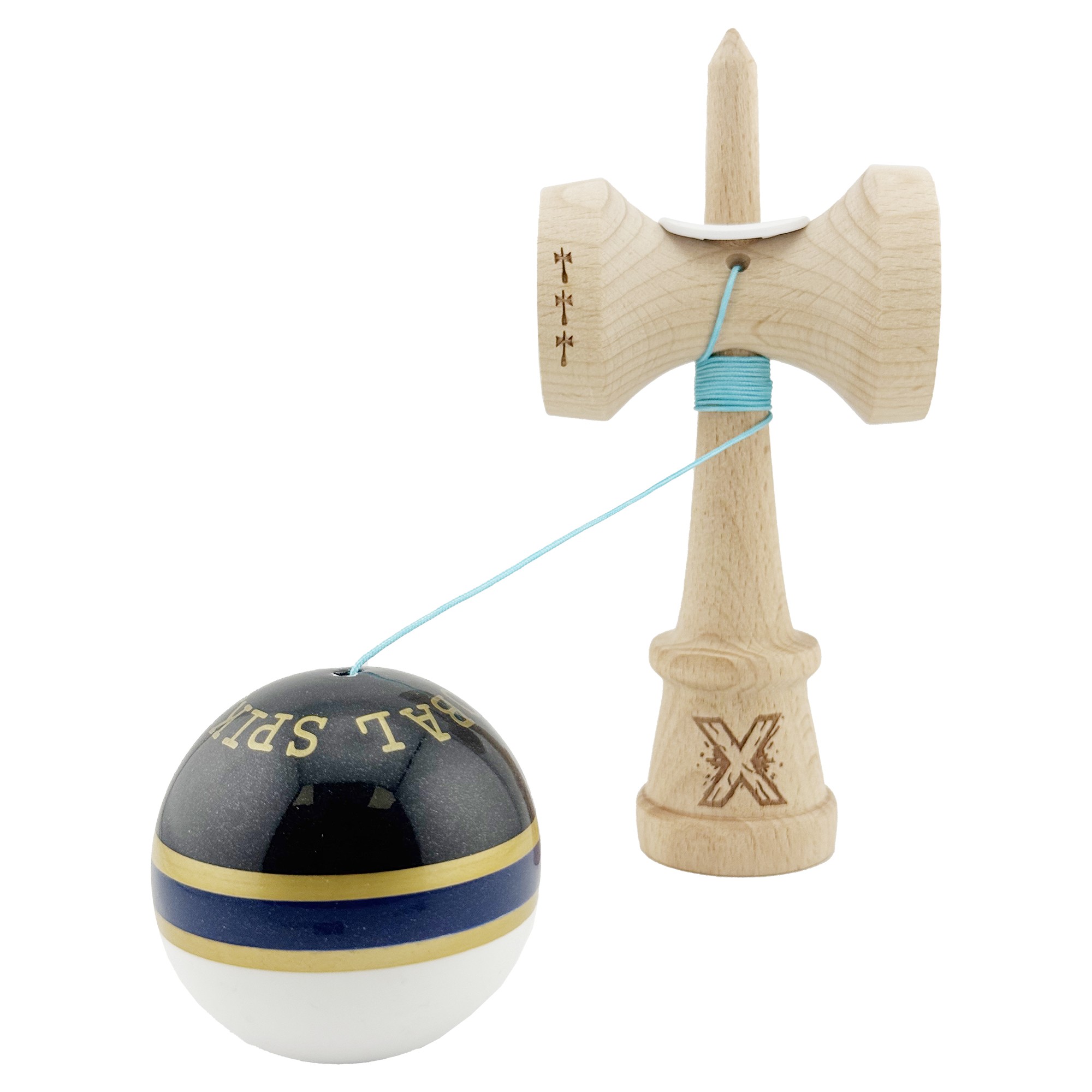 Kendama X Originala ROYAL SPIKE, Profesionala, Flippy, Cupe Mari KING SIZE V3, Super Sticky, Gaura in Baza, Rulment Metalic, din lemn 18 cm, Ata 62/65 cm, Inel Albastru inchis - imagine 4