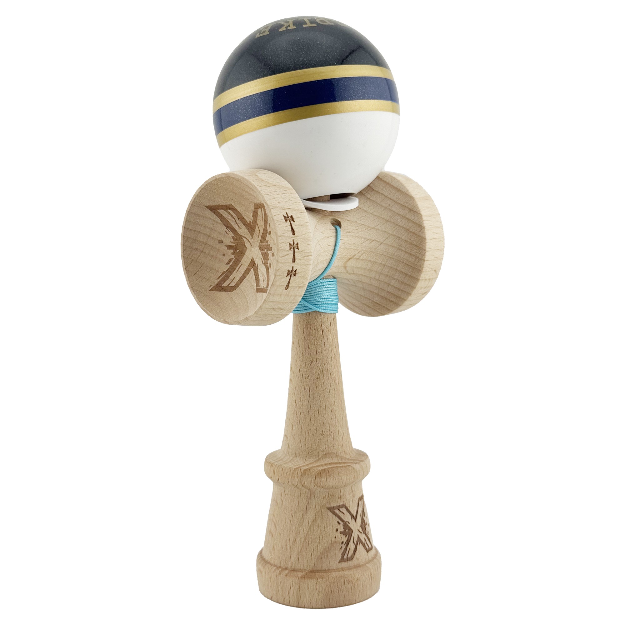 Kendama X Originala ROYAL SPIKE, Profesionala, Flippy, Cupe Mari KING SIZE V3, Super Sticky, Gaura in Baza, Rulment Metalic, din lemn 18 cm, Ata 62/65 cm, Inel Albastru inchis