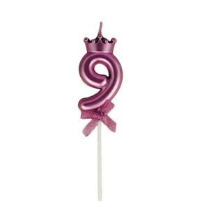 Lumanare Cifra 9, Flippy, Model Coroana cu Fundita, Pentru Tort, 6 x 2.5 cm Mov