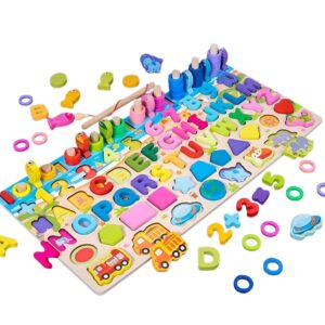 Joc  Educativ Montessori, Flippy, Tabla Logaritmica 6 in 1 din Lemn, Puzzle 3D Litere si Cifre, Vehicule si Forme Geometrice, Stivuire Inele, Dezvoltarea Motricitatii si a Logicii, 45.5 x 22 cm, Multicolor