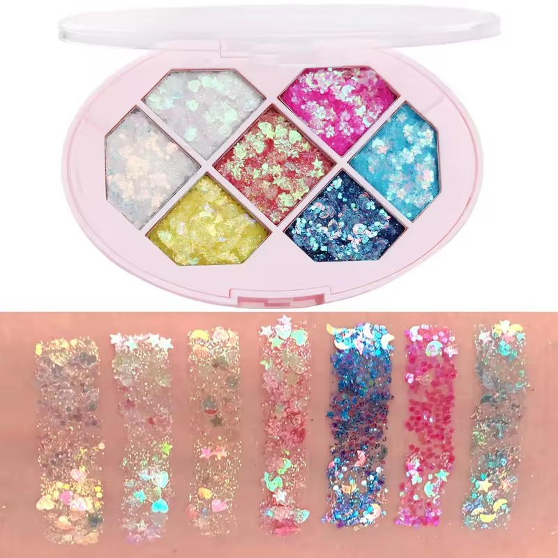 Paleta cu Glitter, Flippy, Varianta 1, 7 Nuante, Pentru Corp si Par, 50 g, Rezistent la Apa, 9.8 x 6.8 cm, Multicolor - imagine 2