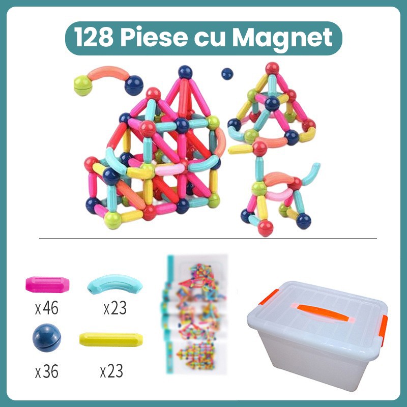 Piese Magnetice pentru Copii, Flippy, Set din 128 de Piese de diferite Culori, Constructor Magnetic cu Posibilitatea de a Construii forme Nelimitate, Multicolor - imagine 2