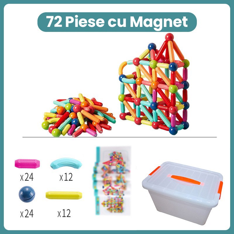 Piese Magnetice pentru Copii, Flippy, Set din 72 de Piese de diferite Culori, Constructor Magnetic cu Posibilitatea de a Construii forme Nelimitate, Multicolor - imagine 2