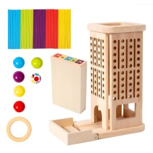 Jucarie Educativa Montessori, Flippy, 3 in 1 din Lemn, Joc Interactiv Senzorial pentru Copii, Turn cu Betisoare si Bile, Dezvolta Motricitatea Fina si Logica, 3 ani+, Multicolor