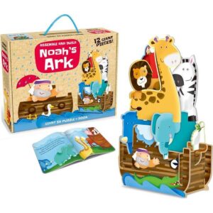 Puzzle 3D pentru copii, Flippy, Arca lui Noe, 12 piese, carte cu povestea lui Noe si animalele de pe arca, Joc distractiv, + 3 ani