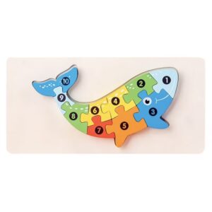 Puzzle din Lemn 3D Montessori, Flippy, Jucarie Educativa pentru Copii, 0-3 Ani, Vopsea Ecologica, Dezvolta Motricitatea Fina, Coordonarea, Logica,  11 Piese, Model Balena, Multicolor