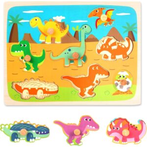 Puzzle Montessori din Lemn pentru Copii, Flippy, 3D, 0-3 Ani, Model Dinozauri, Educativ, Intuitiv, Creativ, 8 Piese, 30x22.5x0.8 cm, Multicolor
