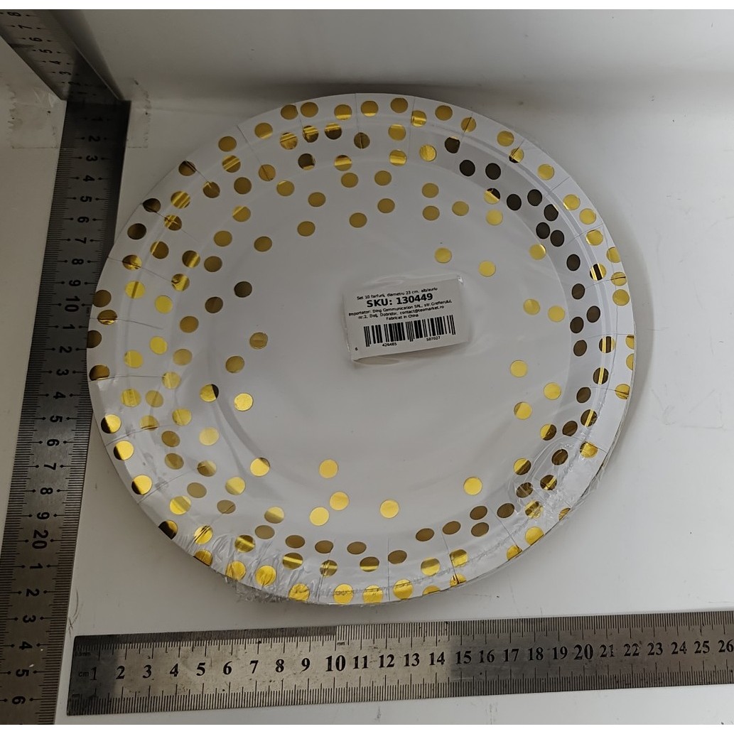 Set 10 Farfurii Unica Folosinta, Flippy, Imprimeu cu Buline, din Carton, Diametru 23 cm, Alb/Auriu - imagine 2