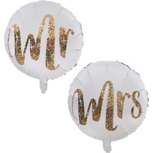 Set 12 Baloane din Folie Metalizata si din Latex, Flippy, Model Mr Mrs, Tema Nunta, Baloane Party cu Confetti, 45 cm, 30 cm, Pai inclus, Umflare cu Aer sau Heliu, Alb/Auriu