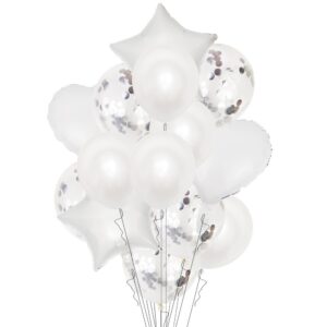 Set 14 Baloane din Folie Metalizat? si din Latex, Flippy, Figurine Stea si Inima 45 cm, Baloane Latex 30 cm, Tema Buchet, Ambalaj Individual, Pai Inclus, Umflare cu Aer sau Heliu, Argintiu