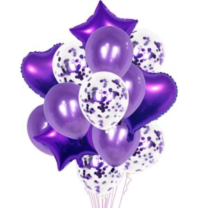 Set 14 Baloane din Folie Metalizat? si din Latex, Flippy, Figurine Stea si Inima 45 cm, Baloane Latex 30 cm, Tema Buchet, Ambalaj Individual, Pai Inclus, Umflare cu Aer sau Heliu, Mov