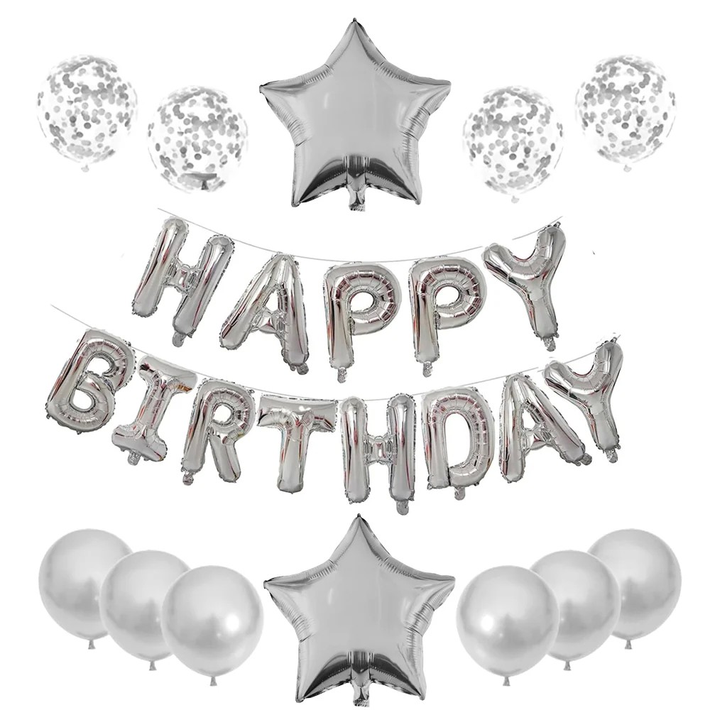 Set 25 de Baloane din Folie Metalizata si Latex, Flippy, Figurine 2 Stele, 4 Baloane Confetti, 13 Litere, 6 Latex, Model Happy Birthday, Tema Aniversare, 40 cm, Ambalaj Individual, Pai Inclus, Umflare cu Aer sau Heliu, Argintiu - imagine 3