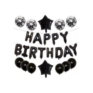 Set 25 de Baloane din Folie Metalizata si Latex, Flippy, Figurine 2 Stele, 4 Baloane Confetti, 13 Litere, 6 Latex, Model Happy Birthday, Tema Aniversare, 40 cm, Ambalaj Individual, Pai Inclus, Umflare cu Aer sau Heliu, Negru