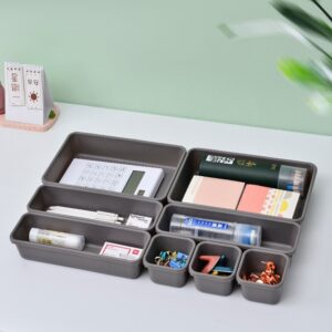 Set 8 cutii depozitare, pentru sertar, cosmetice, ustensile bucatarie, textile, plastic, gri, Flippy, 23.5 x 16 cm