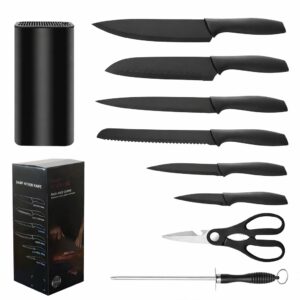 Cutite Bucatarie, Set 9 Piese, Flippy, Otel Inoxidabil cu Acoperire Antiaderenta, Suport Depozitare Inclus, 6 Cutite, Tija Ascutire si Foarfeca Bucatarie, 31 x 10 x 10 cm, Negru