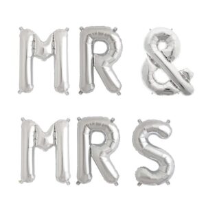 Set Baloane din Folie Metalizata, Flippy, Figurine Litere, Model MR&MRS, Tema Nunta, 40 cm, Baloane Party, Ambalaj Individual, Pai inclus, Umflare cu Aer sau Heliu, Argintiu
