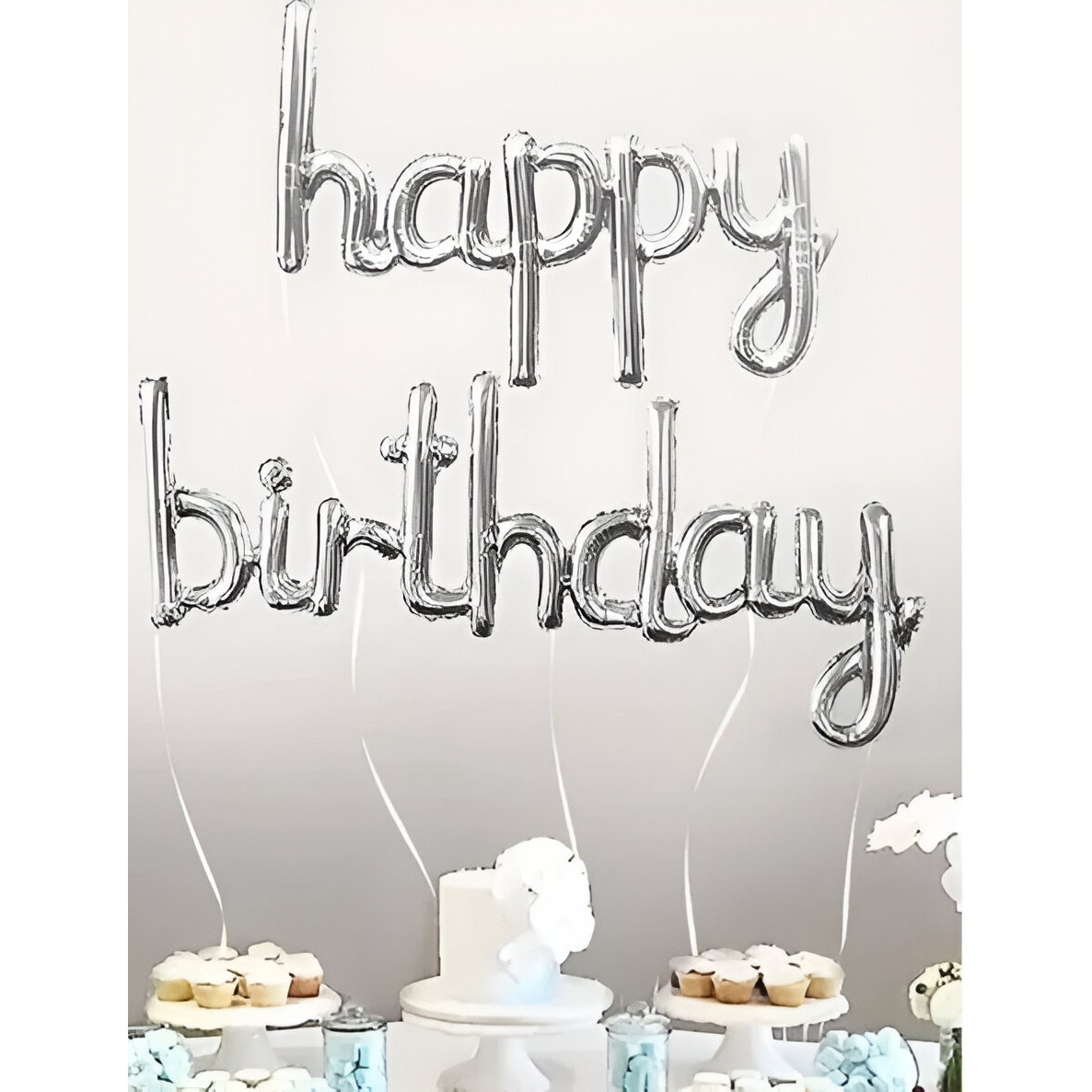 Set Baloane din Folie Metalizat?, Flippy, Model Happy Birthday, 45x85 cm, 45x124cm, Baloane Party, Ambalaj Individual, Pai inclus, Umflare cu Aer sau Heliu, Argintiu - imagine 2