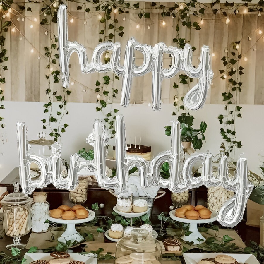 Set Baloane din Folie Metalizat?, Flippy, Model Happy Birthday, 45x85 cm, 45x124cm, Baloane Party, Ambalaj Individual, Pai inclus, Umflare cu Aer sau Heliu, Argintiu - imagine 4