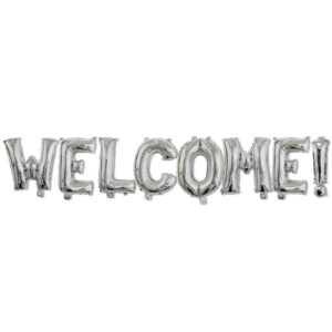 Set Baloane din Folie Metalizata, Flippy, Model WELCOME!, Litere de 40 cm, Baloane Party, Ambalaj Individual, Pai Inclus, Umflare cu Aer sau Heliu, Argintiu
