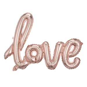 Balon din Folie Metalizata, Flippy, Model Love scris de mana, 102x65 cm, Tematica Ziua Îndr?gosti?ilor, Ambalaj Individual, Pai Inclus, Umflare cu Aer sau Heliu, Rose Gold