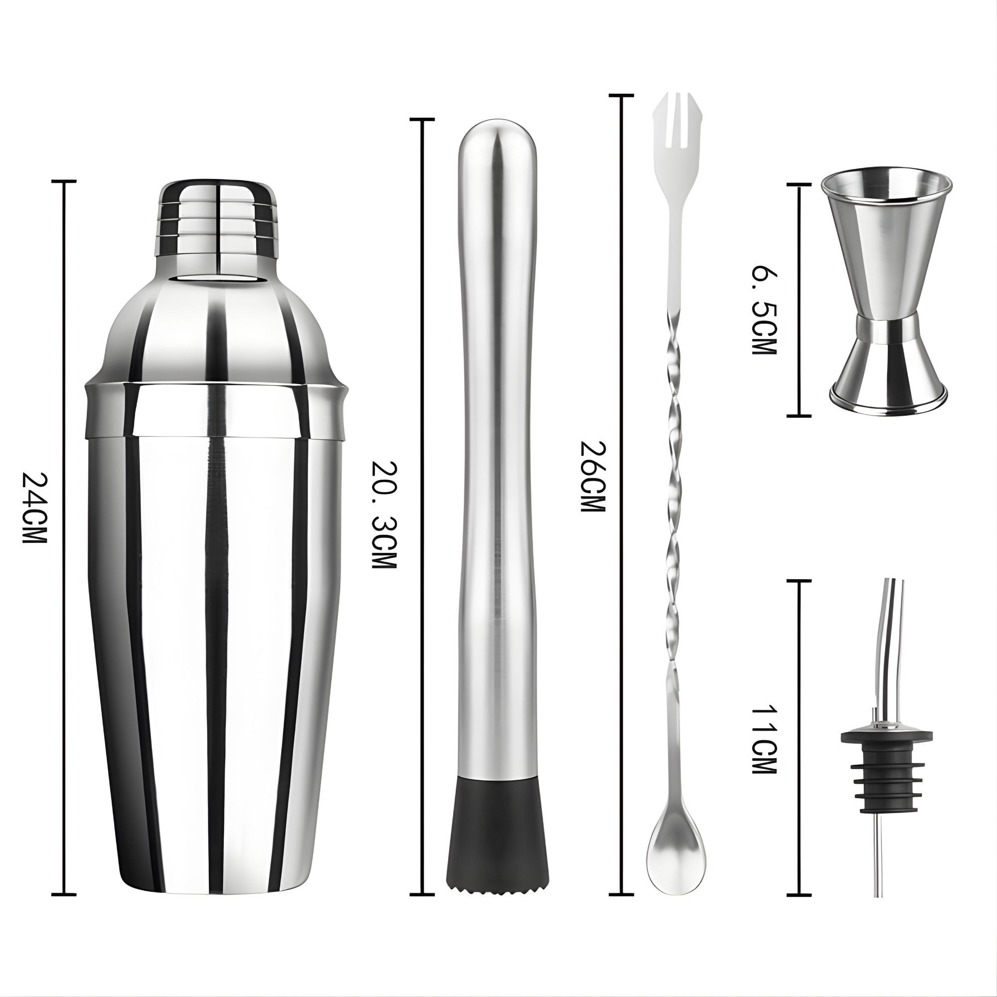 Set Barman Preparare Cocktail,Flippy, 6 Piese, Inox, Argintiu, Kit Accesorii Bar si Mixologie: Shaker750ml, Masura dubla, Pistil, Lingura barman, 2 Picuratoare - imagine 2