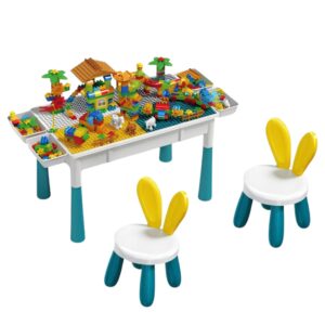 Masuta Multifunctionala, Flippy, Educativa pentru Copii, Scaunel Bunny 2 unitati, Blat Reversibil, Compatibila cu Piese mari tip LEGO Duplo, 4 cutii depozitare, 156 piese, 3+Ani, Multicolor