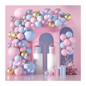 Baloane decorative pentru GENDER PARTY, Flippy, Arcada Set 130  baloane, Arcul de Baloane Roz si Albastru, Baloane Confetti Aurii, Multicolor