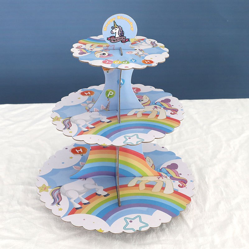 Etajera pentru Prajituri, Flippy, din Carton, 3 Nivele, 16/22/29 cm Diametru, Inaltime 38 cm, Tema Unicorni, Multicolor - imagine 2