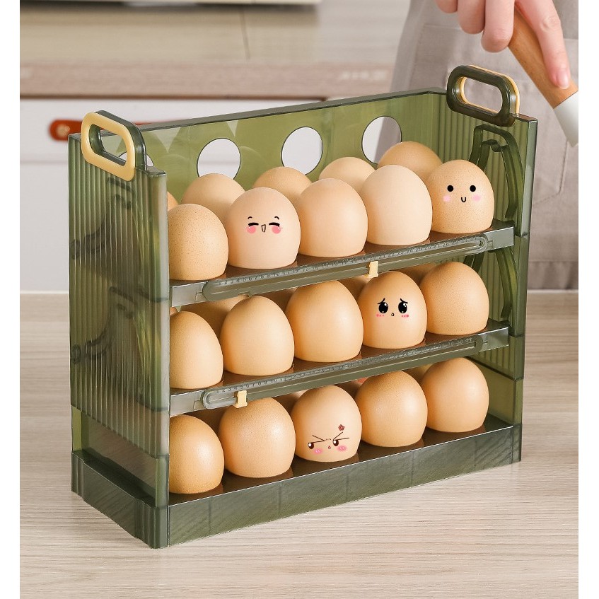 Suport Organizator pentru Oua, Flippy, pentru Frigider, Verde transparent, Capacitate 30 oua, Trei straturi, cu Data de Expirare, 25.5x10x23 cm - imagine 3