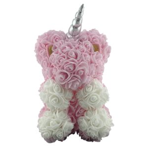 Unicorn din Flori, Flippy, Unicorn din Trandafiri de Spuma, Unicornul 17 x 17 x 23 cm / Cutia Trasparenta 19 x 19 x 28 cm, Alb/Roz