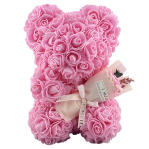 Ursulet din Flori, Flippy, Ursulet din Trandafiri de spuma, Ursuletul 16 x 16 x 23 cm / Cutia Trasparenta 17 x 17 x 25 cm, Roz