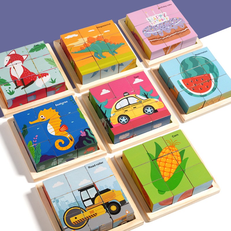 Puzzle din Lemn, Flippy, 9 Cuburi, 6 Fete, 4-6 Ani, 11 x 11 x 3.2 cm, Model Fructe, Multicolor - imagine 2