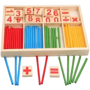 Joc Educativ Montessori, Flippy, Set Educational din Lemn cu Betisoare si Cifre, 74 Piese, Invatare Operatii Matematice si Logica, Cutie de Depozitare si Organizare, 3ani +, Multicolor