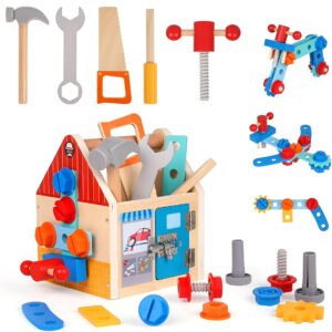 Jucarie Educativa Montessori, Flippy, Set de Unelte din Lemn, 2 in 1, Atelier Educativ in Forma de Casuta cu Maner, Dezvolta Motricitatea Fina si Logica, Materiale Eco, 16.5 x 20 cm, 3 ani+, Multicolor