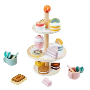 Jucarie Educativa Montessori din Lemn, Flippy, Set de Joaca Interactiv, Model Etajera cu 3 Niveluri pentru Deserturi si Prajituri, Dezvolta Motricitatea si Imaginatia, 3ani+, Multicolor