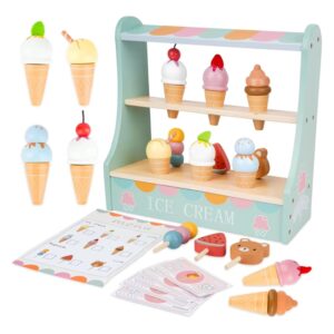 Jucarie Educativa Montessori din Lemn, Flippy, Stand de Inghetata Interactiv cu 25+ Accesorii, Include Meniu si Bani de Jucarie, Dezvolta Motricitatea si Abilitatile Sociale, 3ani+, Multicolor